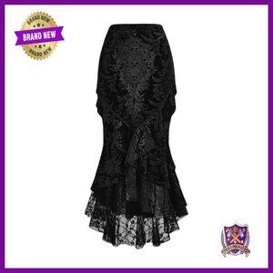 Gothic Lace Fishtail Skirt Ruffle Hem Elastic Waist Bodycon Long